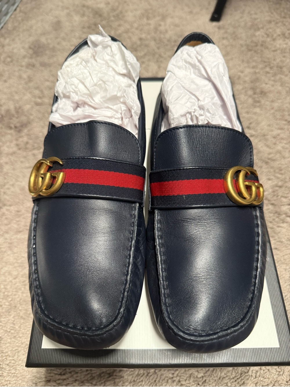 Gucci Navy Leather Loafers with Red Stripe & Gold GG
